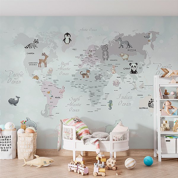 Papel de Parede Infantil de Mapa Mundi Cinza com Animais Fofos
