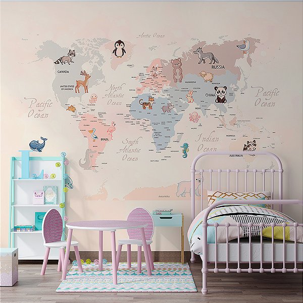 Papel de Parede Infantil de Mapa Mundi Claro com Animais