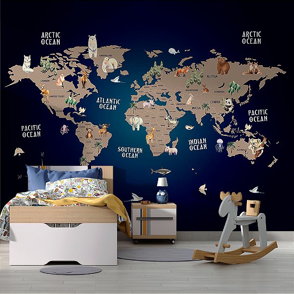 Papel de Parede Infantil de Mapa Mundi Azul Escuro