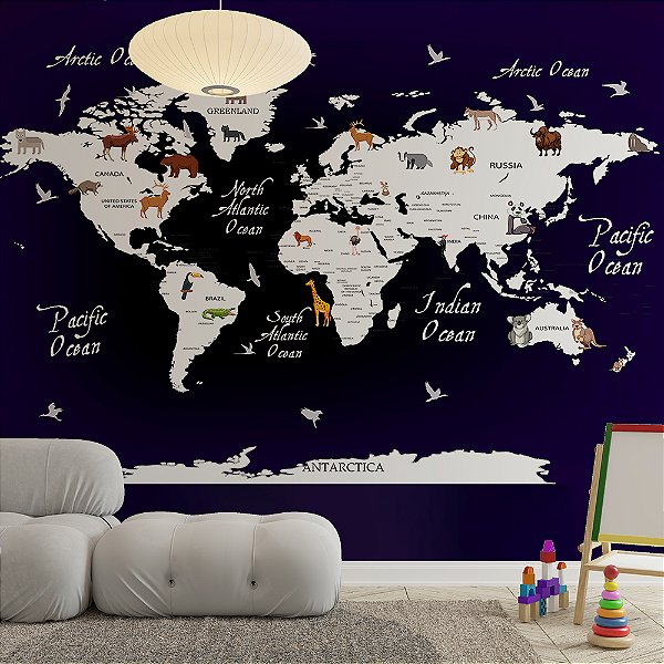 Papel de Parede Infantil de Mapa Mundi Roxo