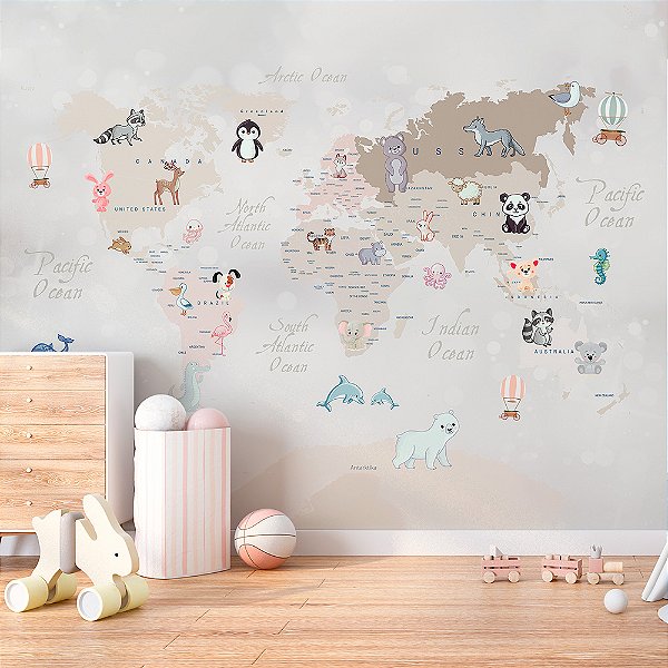 Papel de Parede Infantil de Mapa Mundi em tons Pasteis