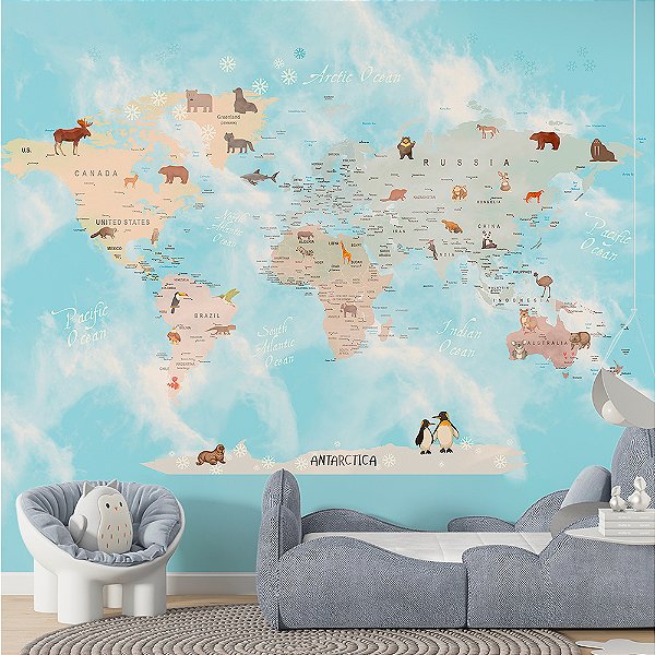 Papel de Parede Infantil de Mapa Mundi Congelado