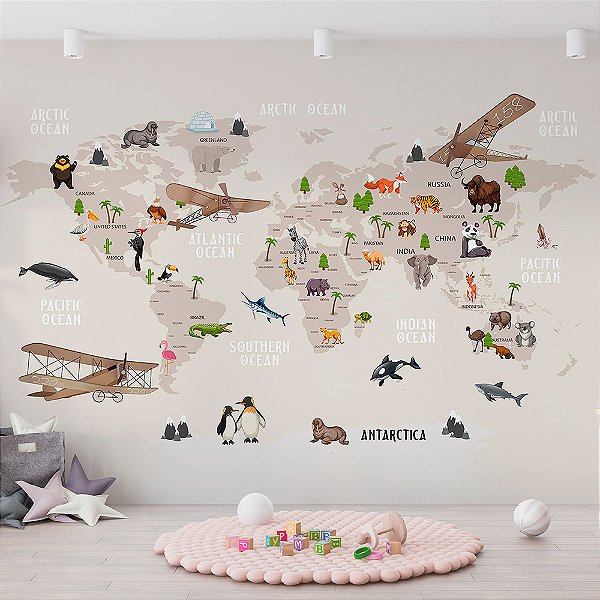 Papel de Parede Infantil de Mapa Mundi com Diversos Animais Coloridos