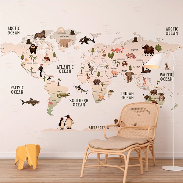 Papel de Parede Infantil de Mapa Mundi em tons de Marrom Claro