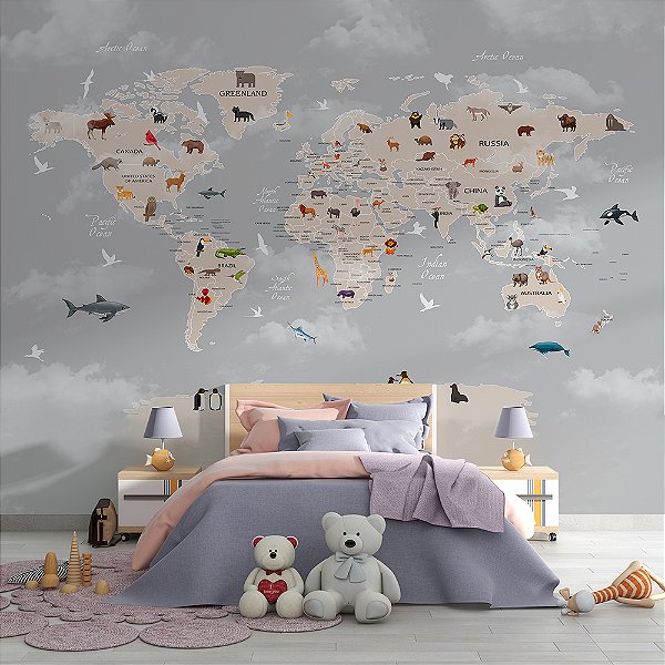 Papel de Parede Infantil de Mapa Mundi Cinza com Bege com Nomes