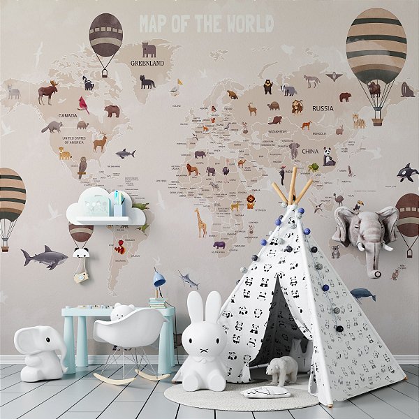Papel de Parede Infantil de Mapa do Mundo em Tons Terrosos com Balões