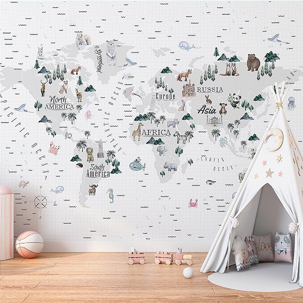 Papel de Parede Infantil de Mapa Mundi Branco Cheio de Detalhes
