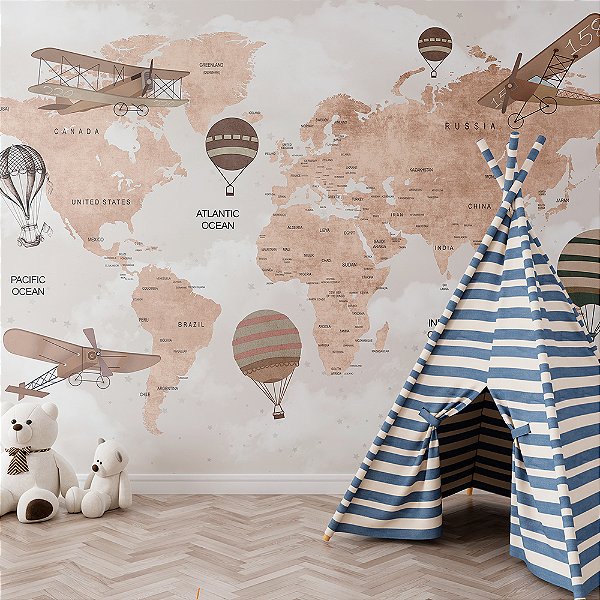 Papel de Parede Infantil de Mapa Mundi Vintage com Aviões e Balões