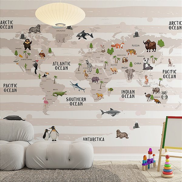 Papel de Parede Infantil de Mapa Mundi com Faixas em tons de Bege