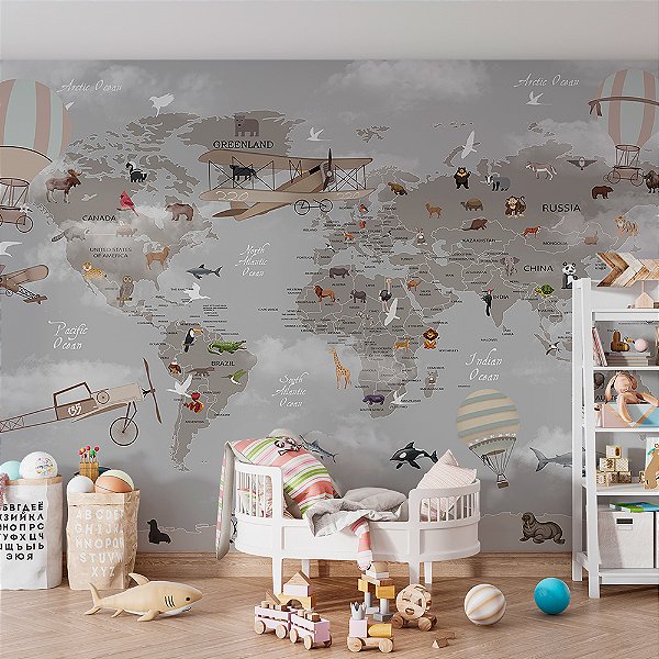 Papel de Parede Infantil de Mapa Mundi Cinza Escuro com Nuvens e Aviões