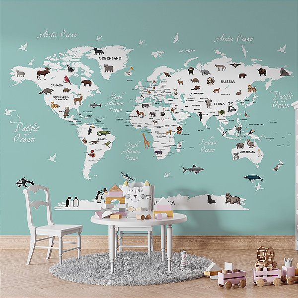 Papel de Parede Infantil de Mapa Mundi Azul Claro com Branco