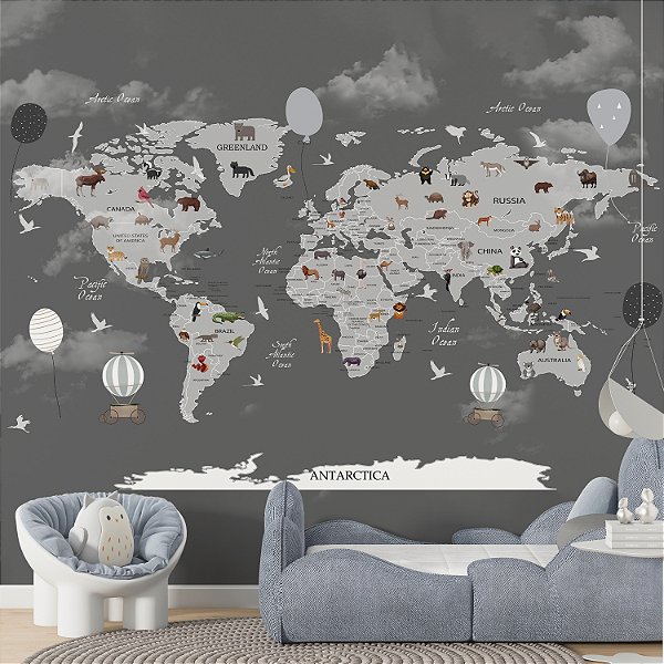 Papel de Parede Infantil de Mapa Mundi em Tons de Cinza com Balões Gigantes