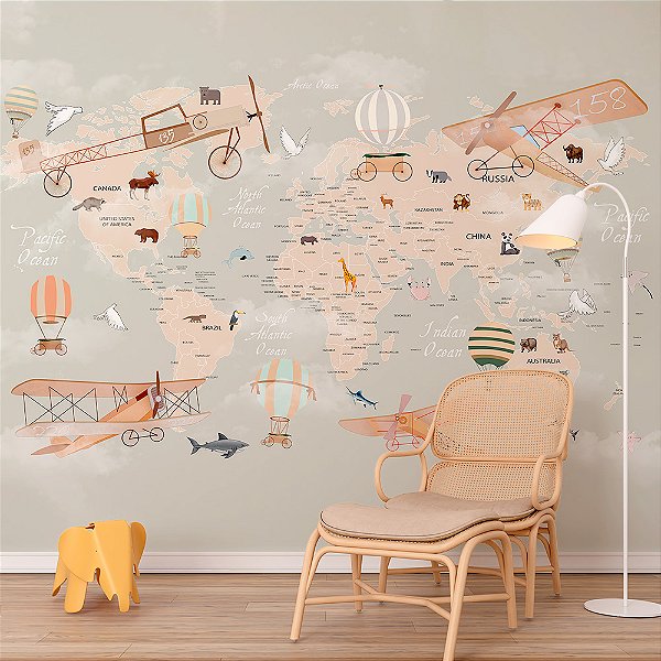 Papel de Parede Infantil de Mapa Mundi com Animais, Aviões e Balões
