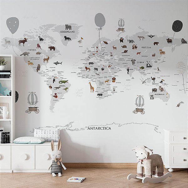 Papel de Parede Infantil de Mapa Mundi Cinza Claro com Balões em Tons de cinza