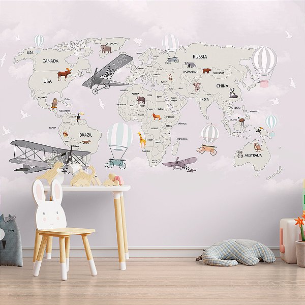 Papel de Parede Infantil de Mapa Mundi em Tons Claro com Balões e Aviões