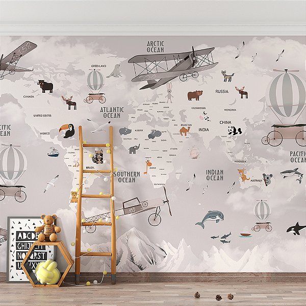 Papel de Parede Infantil de Mapa Mundi em tons de Cinza com Geleiras, Aviões e Balões