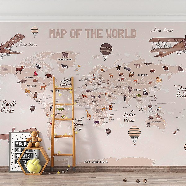 Papel de Parede Infantil de Mapa do Mundo em tons Claros com Diversos Aviões e Balões