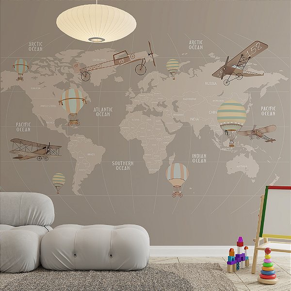 Papel de Parede Infantil de Mapa Mundi em tons de Marrom Escuro com Aviões e Balões