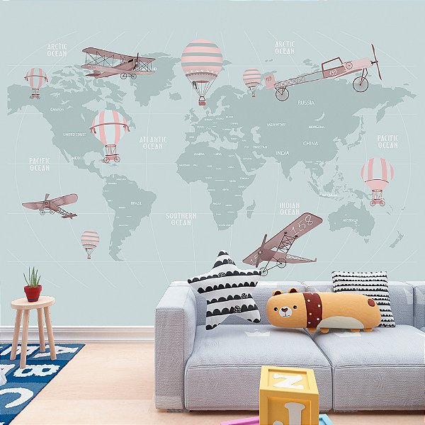 Papel de Parede Infantil de Mapa Mundi Azul Claro com Rosa