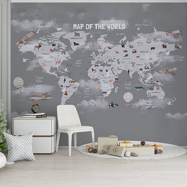 Papel de Parede Infantil de Mapa Mundi em Tons de Cinza com Nuvens e Aviões