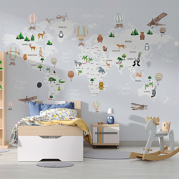 Papel de Parede Infantil de Mapa Mundi Cinza Claro com Bege e Diversos Animais e Aviões
