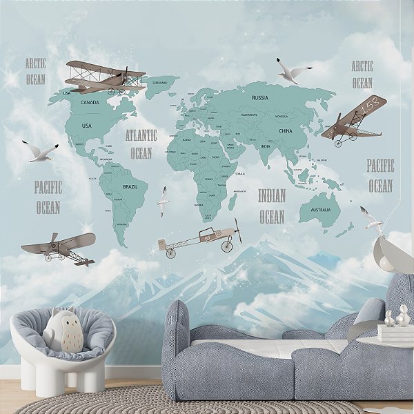 Papel de Parede Infantil de Mapa Mundi Infantil Azul Com Geleiras e Aviões