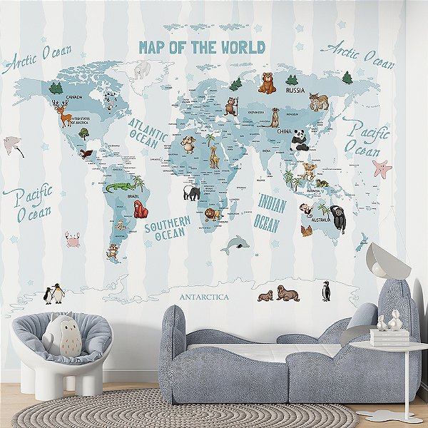 Papel de Parede Infantil de Mapa Mundi Azul pastel com Faixas e Animais