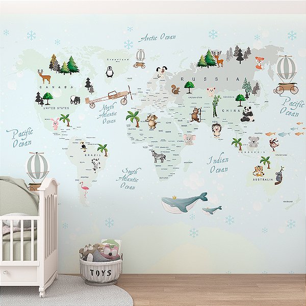 Papel de Parede Infantil de Mapa Mundi em tons de Pastel com Balões e Animais