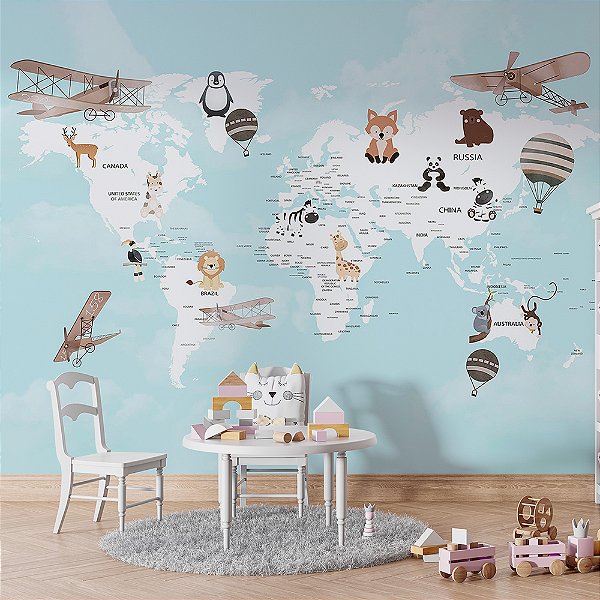 Papel de Parede Infantil de Mapa Mundi Azul Claro Com Branco com Aviões e Balões