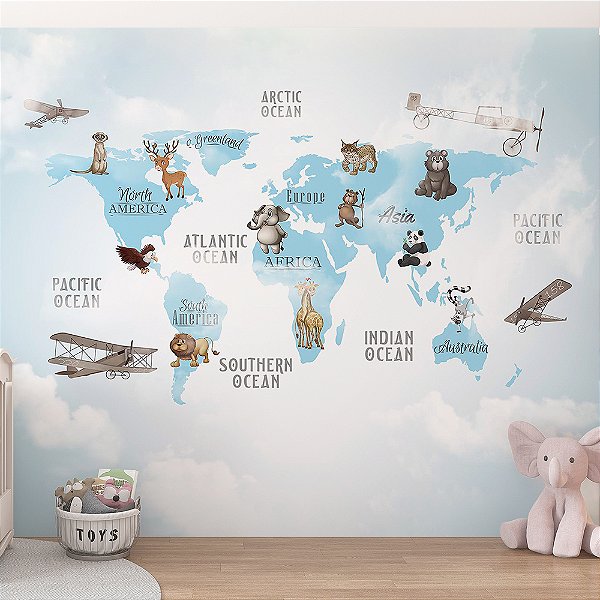 Papel de Parede Infantil de Mapa Mundi Azul com Nuvens e Aviões no Céu