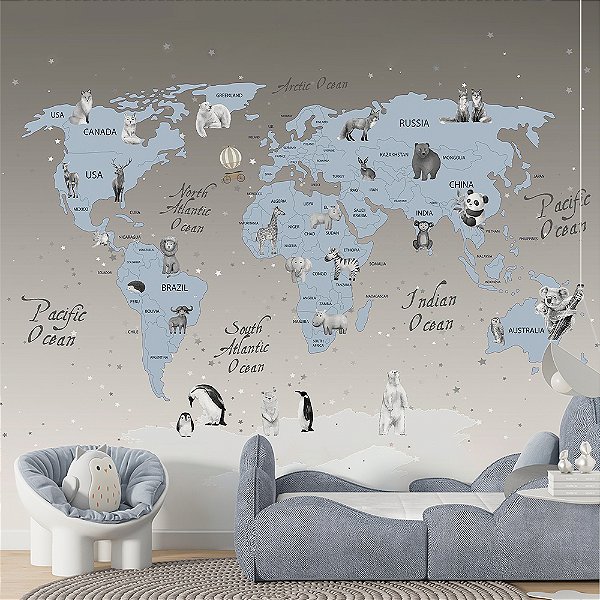 Papel de Parede Infantil de Mapa Mundi Azul com Cinza e Animais