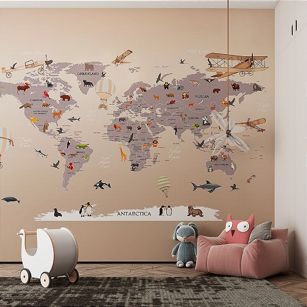 Papel de Parede Infantil de Mapa Mundi Amarelo com Cinza e Aviões