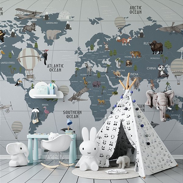 Papel de Parede Infantil de Mapa Mundi Mapa Mundi em Tons de Azul com Balões de Ar Quente