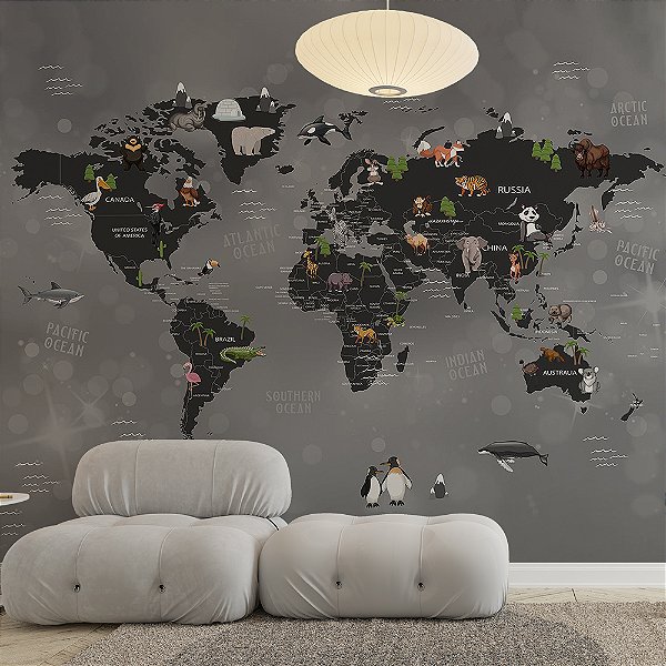 Papel de Parede Infantil de Mapa Mundi em Tons de Cinza Escuro com Animais