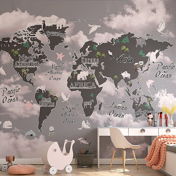 Papel de Parede Infantil de Mapa Mundi Cinza com Nuvens