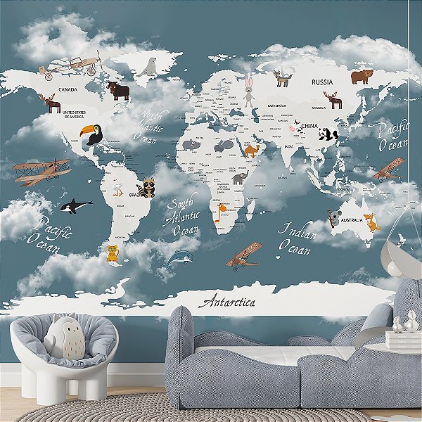 Papel de Parede Infantil de Mapa Mundi Azul com Branco e Nuvens