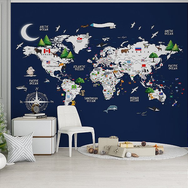 Papel de Parede Infantil de Mapa Mundi Azul com Branco e Bandeiras dos Países