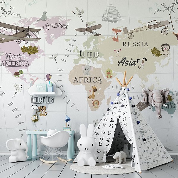 Papel de Parede Infantil de Mapa Mundi Colorido com Aviões