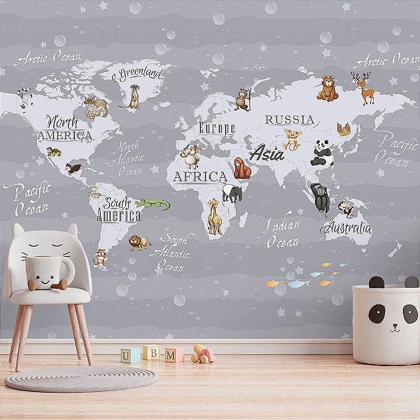 Papel de Parede Infantil de Mapa Mundi Cinza Com Faixas Cinza e Animais