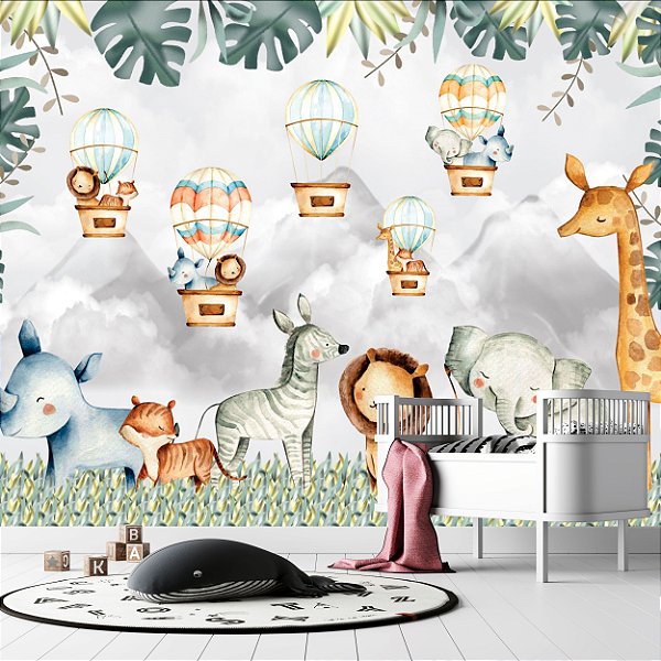 Papel de parede safari aquarela leão girafa elefante quarto de menino - Alô  Papers