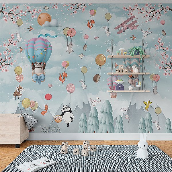 Papel de Parede Infantil Animais e Balões