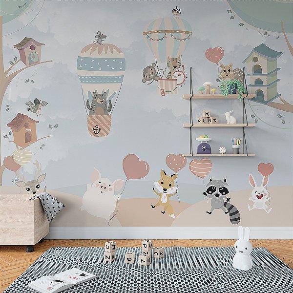 Papel de Parede Infantil Animais, Balões e Corações