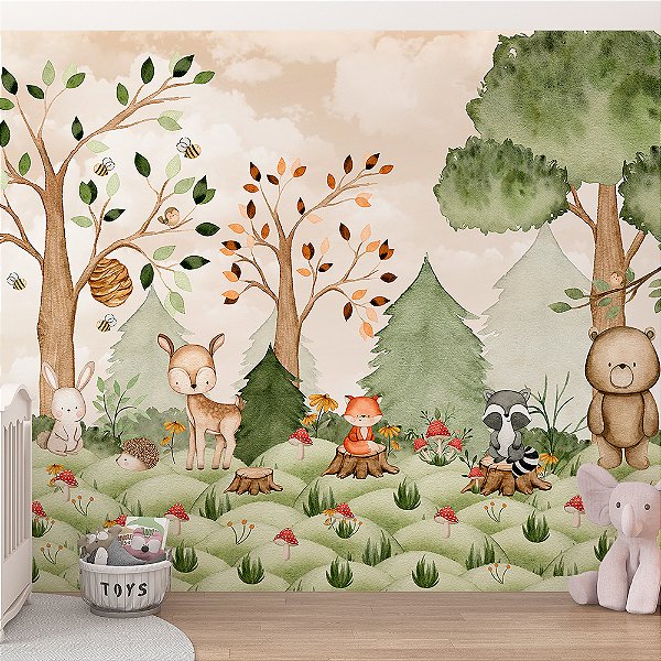 Papel de Parede Infantil Animais na Floresta