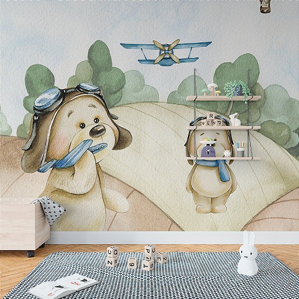 Papel de Parede Infantil Ursos, Balões e Aviões