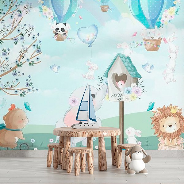 Papel de Parede Infantil Animais e Balões