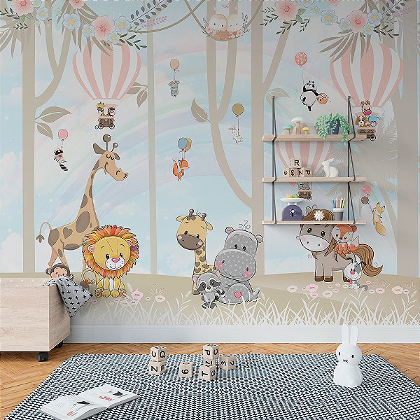 Papel de Parede Infantil Animais e Balões