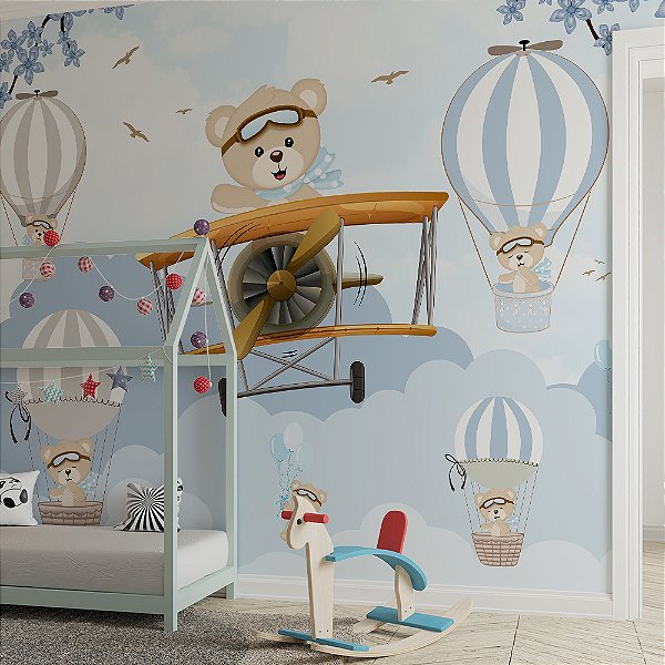 Papel de Parede Infantil Urso Piloto e Balões