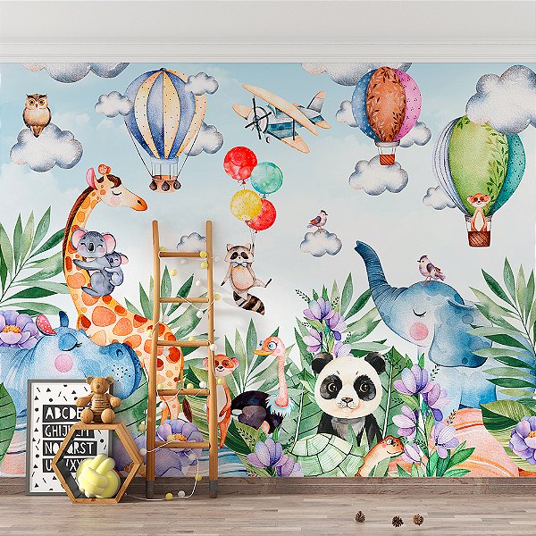 Papel de Parede Infantil Animais e Balões
