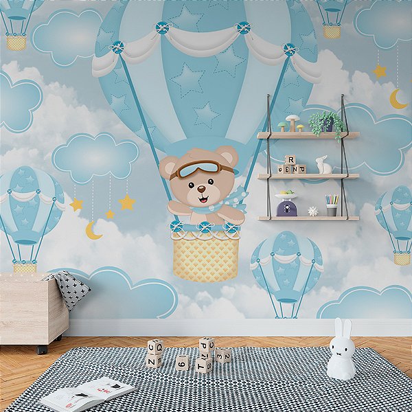 Papel de Parede Infantil Urso e Balões Azuis