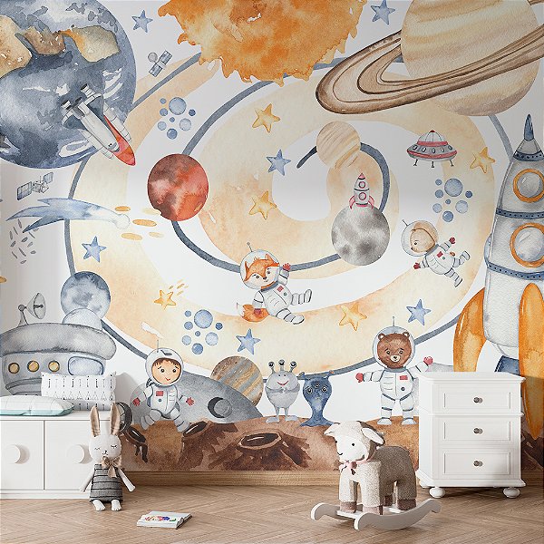 Papel de Parede Infantil Animais Astronautas no Espaço
